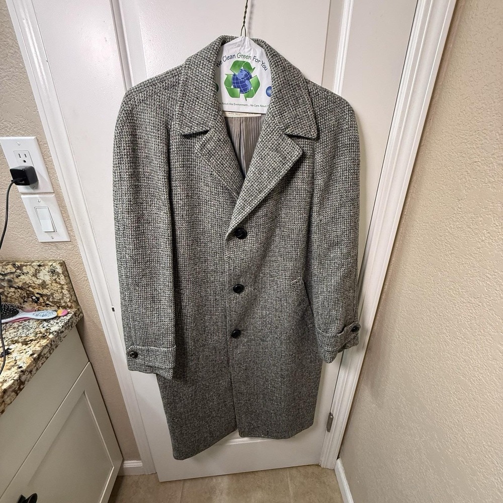 Vintage 1950s Richman Brothers Harris Tweed Wool Overcoat Mens 38 Gray Scotland